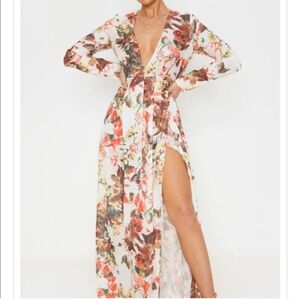 PrettyLittleThing Orange Red Slit Wrap Gown